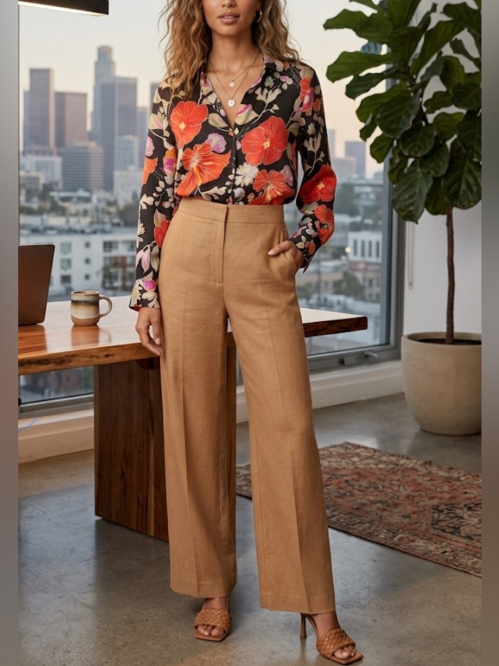 Zara Blouse S Red Black Floral Satin Button Down Long Sleeve Career Office Boho